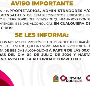 Prohíben venta de alcohol en Quintana Roo desde jueves por la entrada del huracán "Beryl"