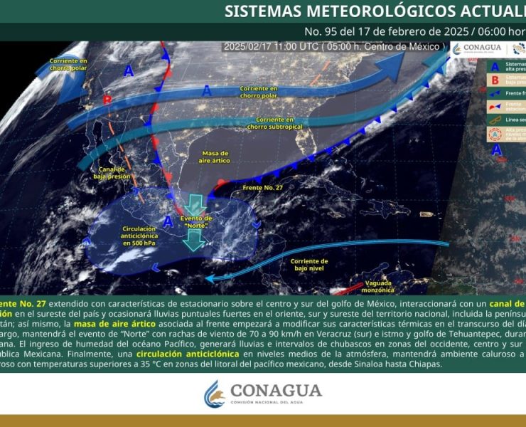 Frente frío No. 27 y masa de aire ártico provocan lluvias y vientos fuertes en el sureste de México