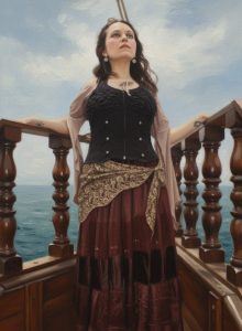 "Ishmelus y la narradora contemplan desde la proa el resplandor de Heliarian, la ciudad flotante de torres doradas, mientras la Seawitch surca los cielos."