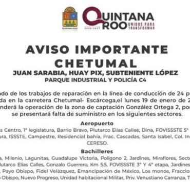 Anuncian suspensión temporal del suministro de agua en Chetumal