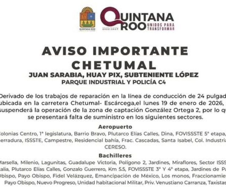 Anuncian suspensión temporal del suministro de agua en Chetumal