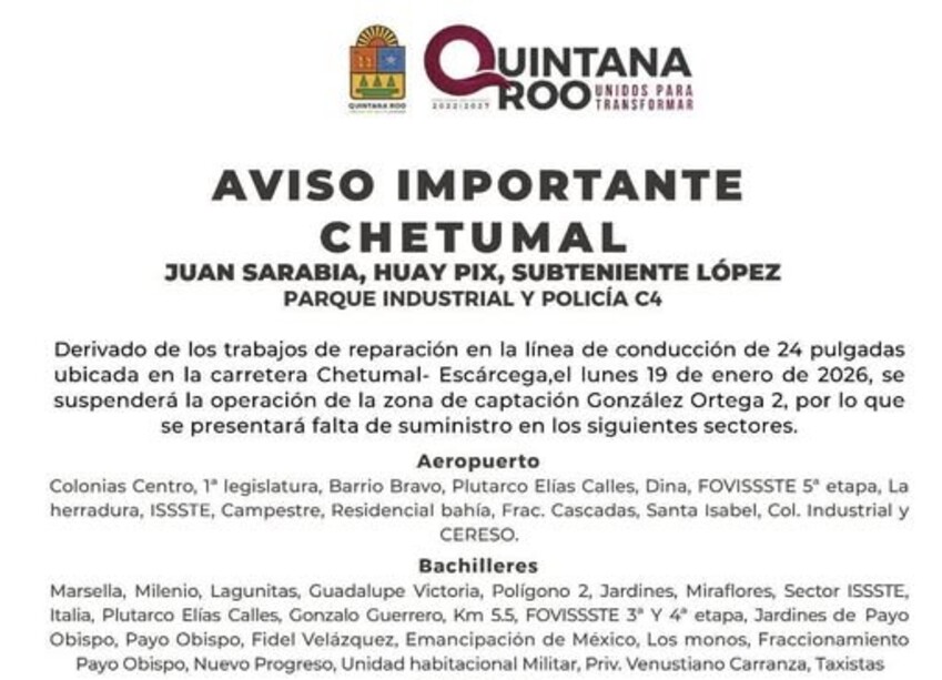 Anuncian suspensión temporal del suministro de agua en Chetumal