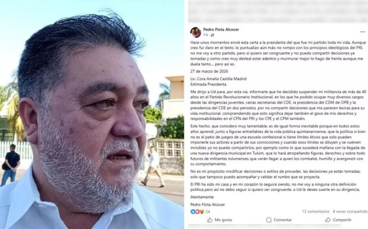 Ruptura IMPACTANTE PRI Quintana Roo: Pedro Flota renuncia tras 40 años de militancia