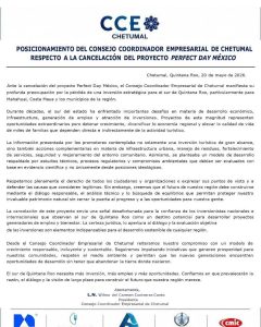 El Consejo Coordinador Empresarial de Chetumal expresó preocupación tras la Cancelación del proyecto “Perfect Day México” y pidió priorizar el desarrollo económico del sur de Quintana Roo.